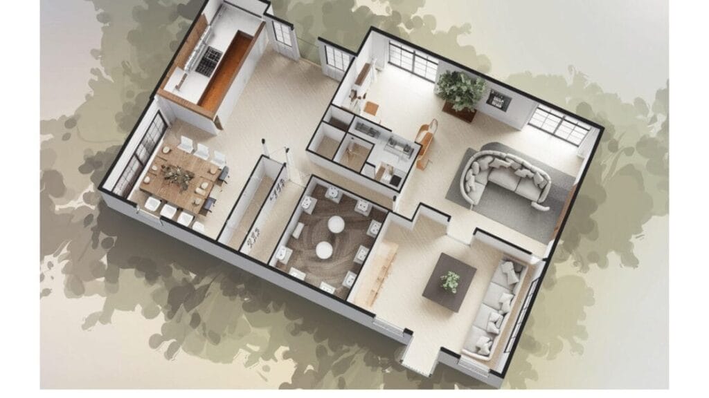 A top view floor plan of an apartment featuring a living room, dining area, kitchen, bathroom, and two bedrooms. Styled like a modern farmhouse retreat, the living room has a semi-circular sofa with a plant placed in one corner.