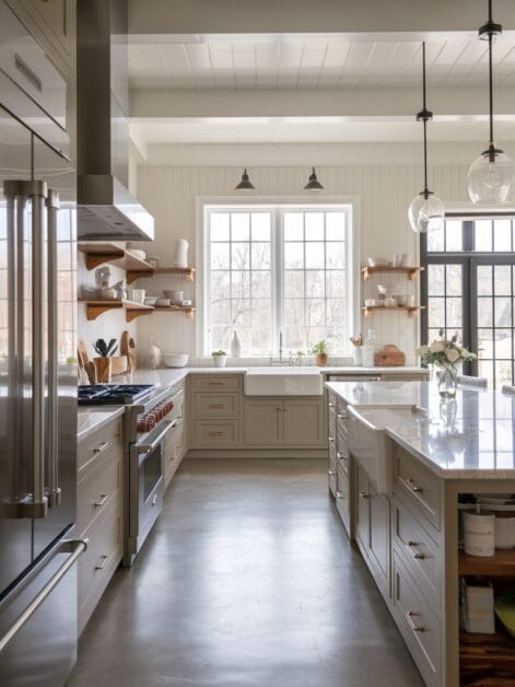 A modern farmhouse kitchen with white cabinets, stainless steel appliances, a large island with a marble countertop, open shelving, three pendant lights, and a window providing natural light.