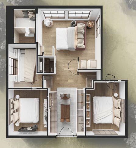 A modern farmhouse 3D floor plan featuring three bedrooms, two bathrooms, a living area, and a kitchen. This 800 Sq. Ft. retreat is fully furnished and designed with multiple windows to invite natural light throughout the space.