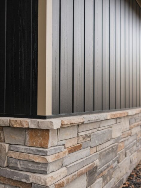 A close-up of a building's exterior corner showcasing vertical black panels above a base of stacked stone, embodying the sleek elegance of a modern farmhouse. This 800 Sq. Ft. structure, known as Midnight Barn, perfectly blends contemporary design with rustic charm.