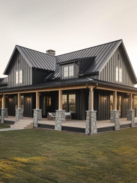 Two-story black farmhouse, reminiscent of a Modern Farmhouse Retreat, with a metal roof, stone pillars, large windows, and a well-maintained lawn under soft sunlight.