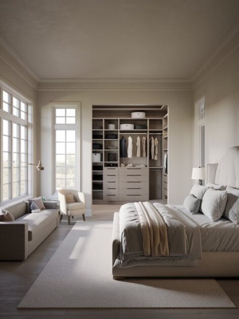 A modern bedroom retreat features a large bed, a sofa, an armchair, and a wall of windows. An open walk-in closet with organized shelves and hanging clothes is visible in the background, all within an 800 sq. ft. space.