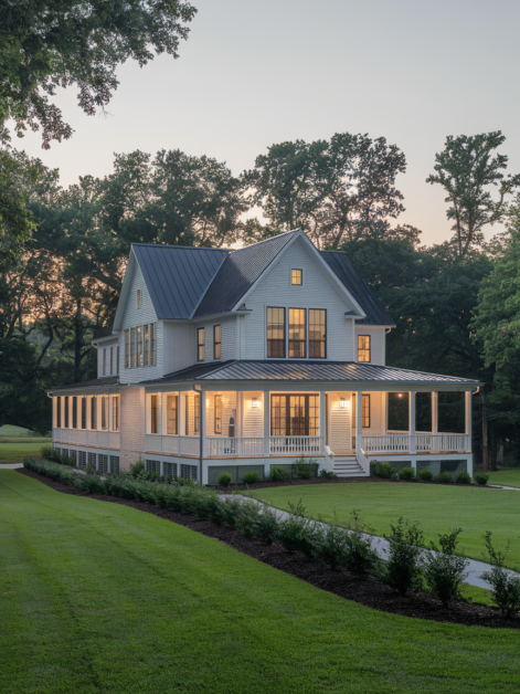 Two-story 4 bed farmhouse with a metal roof, wraparound porch, large windows, and surrounding lawn, photographed at dusk with interior lights on—a cozy haven perfect for relaxing evenings.