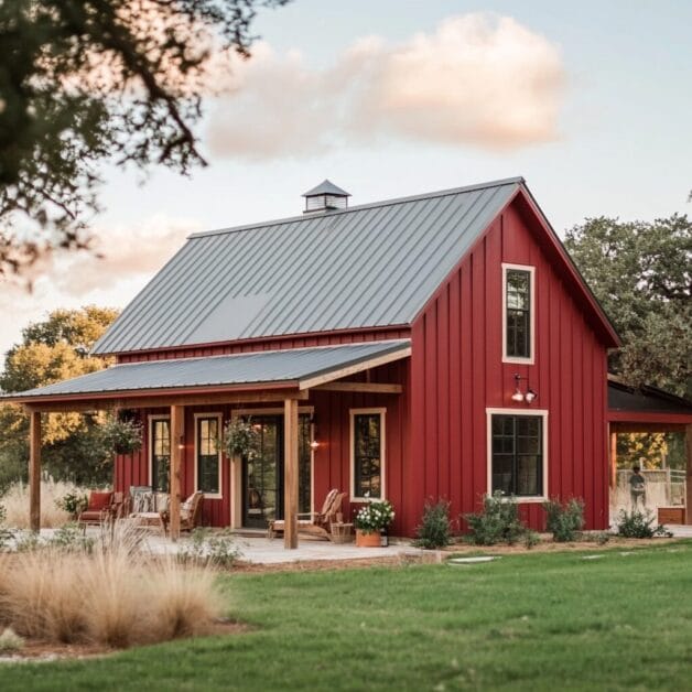 A red farmhouse with a metal roof, covered porch, and large windows sits on a grassy lawn surrounded by trees—perfect for those seeking modern country living.
