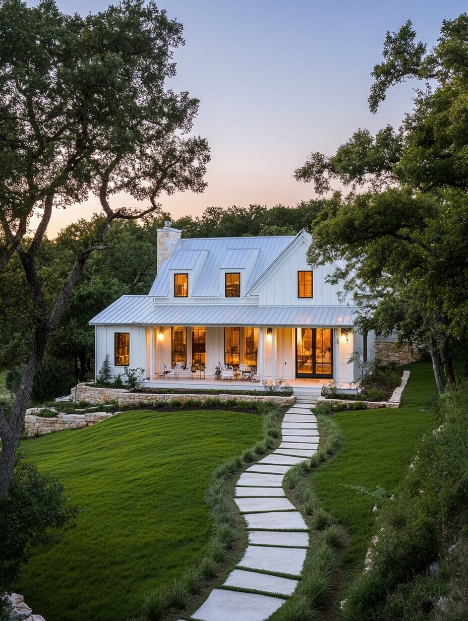 A budget-friendly white modern farmhouse with a metal roof sits among trees, featuring large windows, a front porch, and a curved stone walkway winding across a manicured lawn.