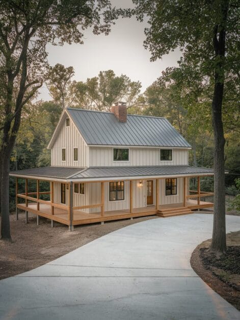 A two-story modern farmhouse with a metal roof and wraparound porch sits among tall trees at the end of a curved concrete driveway, offering inspiration for those seeking farmhouse designs for their dream home.