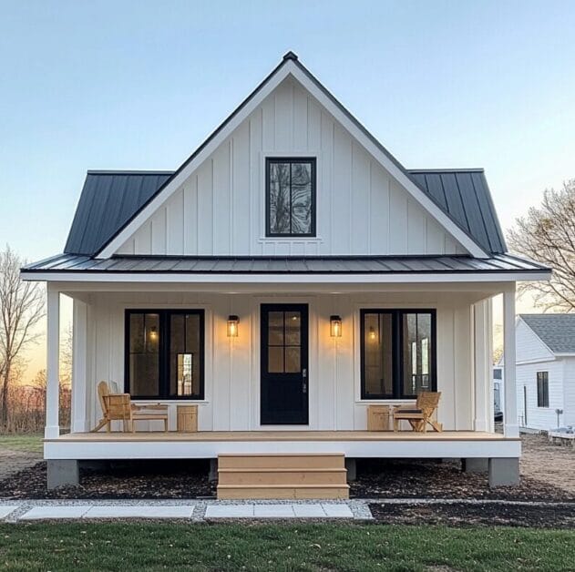 A small white house with a black roof, front porch, two chairs, and a central front door, photographed at sunset—one of those stunning farmhouses that inspire dreams to build farmhouses of your own.