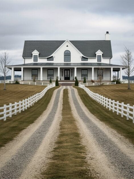 A gravel driveway lined with white fences leads to a large, budget-friendly farmhouse with a covered porch, set under a cloudy sky.