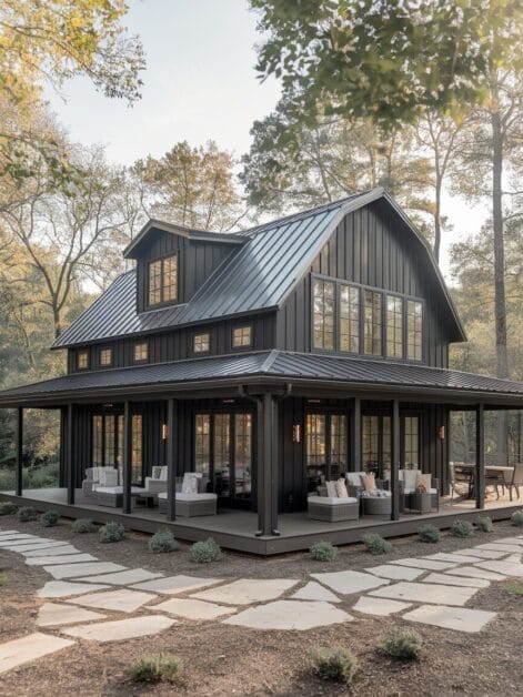 Modern black farmhouse with a metal roof, large windows, and wraparound porch offers affordable home living. Enjoy outdoor seating surrounded by trees and a stone walkway—perfect for those seeking stylish homes on a budget.