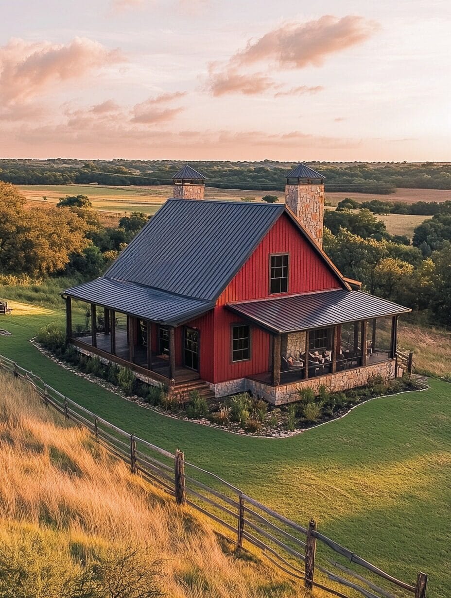 A red farmhouse with a dark metal roof and stone chimneys sits in a grassy landscape, surrounded by fields and a wooden fence at sunset—ideal inspiration for affordable barndominiums or budget-friendly homes.