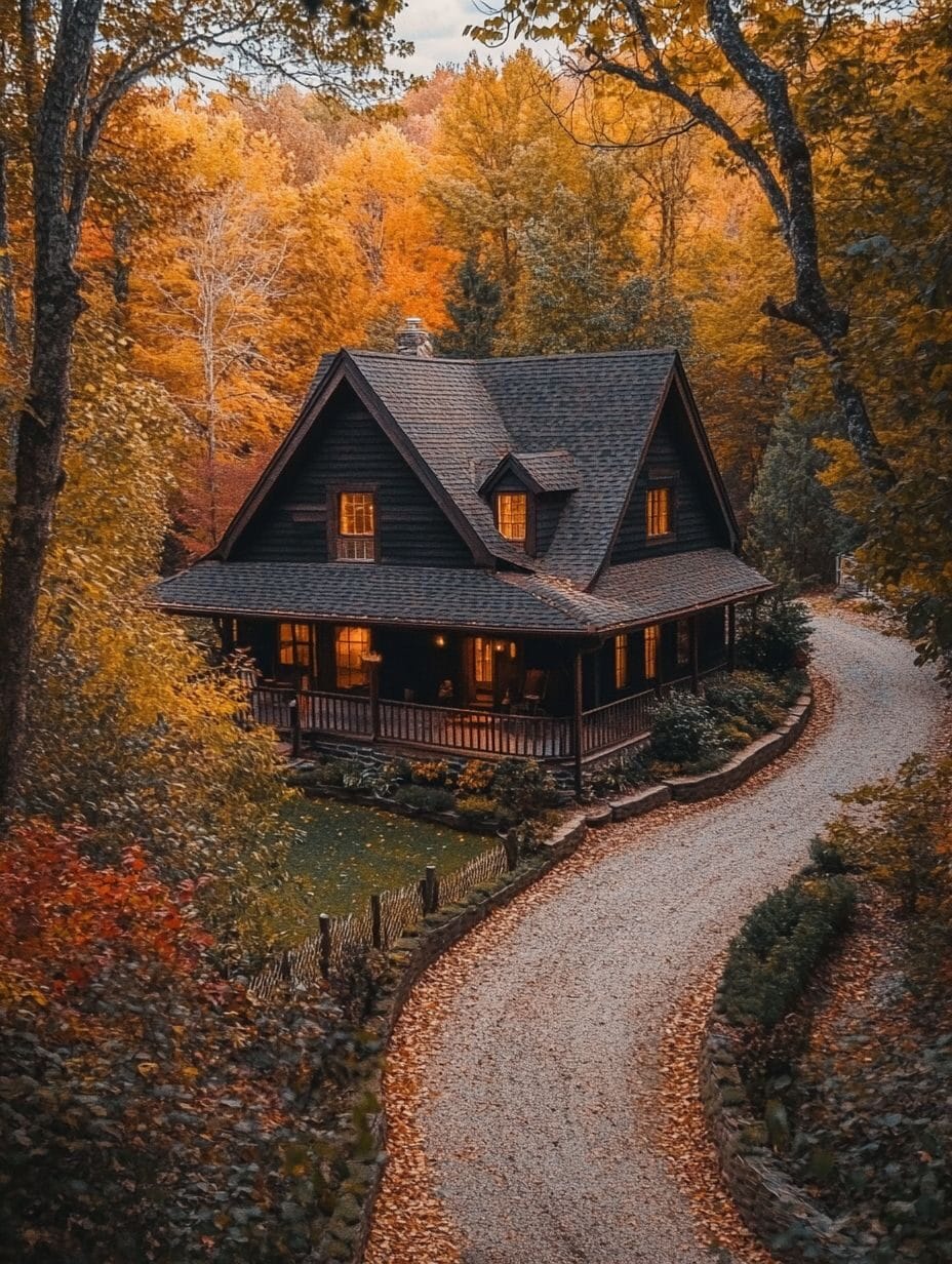 A dark wooden cabin with a porch sits beside a winding gravel driveway, surrounded by trees with vibrant autumn foliage—showcasing how budget-friendly designs make cozy retreats possible to build for under $150K.