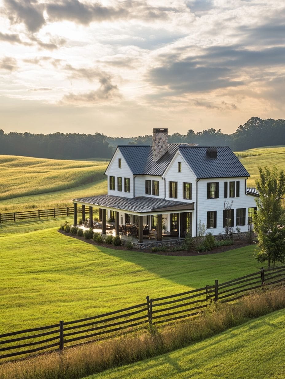 An affordable white two-story farmhouse with a wraparound porch sits on a large, grassy field, surrounded by wooden fences and rolling hills under a partly cloudy sky—perfect for those seeking farmhouses under 100K.