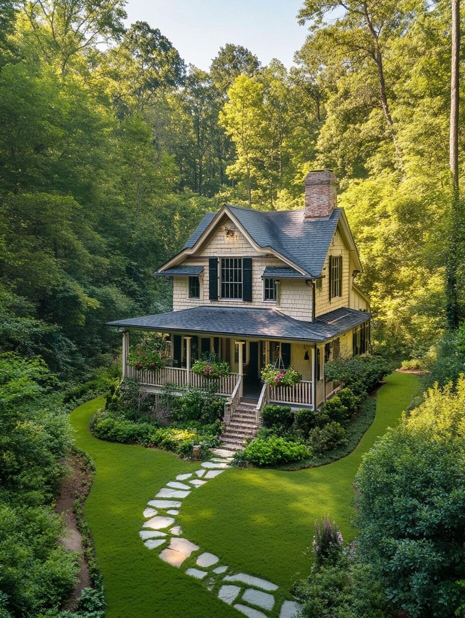 A two-story, budget-friendly home with a wraparound porch sits among dense trees, with a stone path winding through a well-kept lawn to the front steps—perfect for those looking to build under $150K.