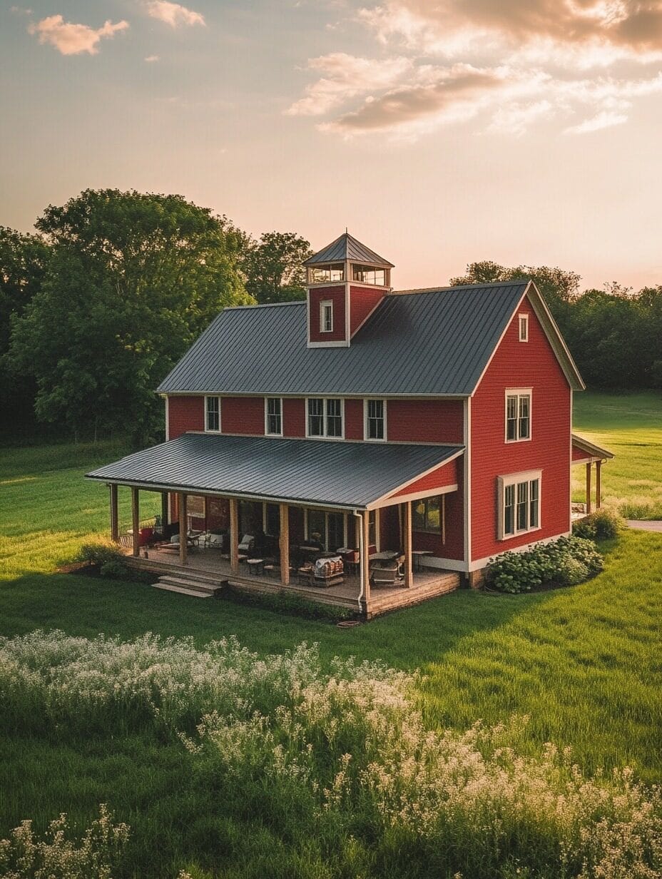 A two-story red farmhouse with a wraparound porch sits in a green field under a partly cloudy sky at sunset, offering barndominiums charm and the potential to be your dream home.