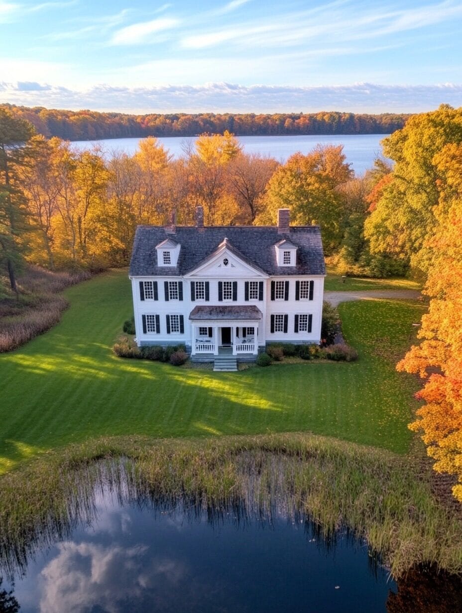 A white two-story house with dark shutters sits on a large, manicured lawn near a pond, surrounded by colorful autumn trees—a perfect example of affordable modern farmhouses overlooking a lake in the background.
