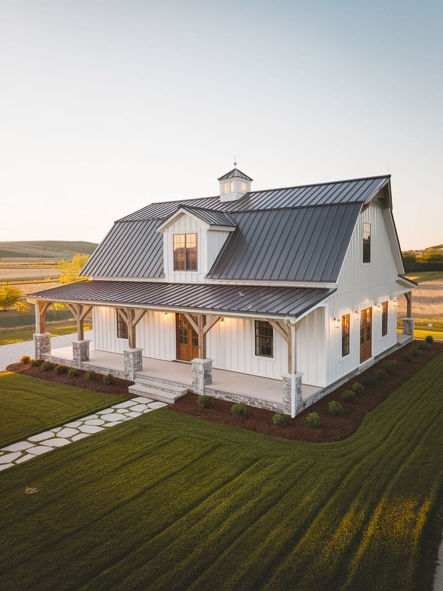 A modern white barn-style house with a metal roof, stone pillars, and a covered porch, this budget-friendly barndominium boasts neatly manicured grass and fields in the background—perfect for those seeking stylish yet affordable modern living spaces.