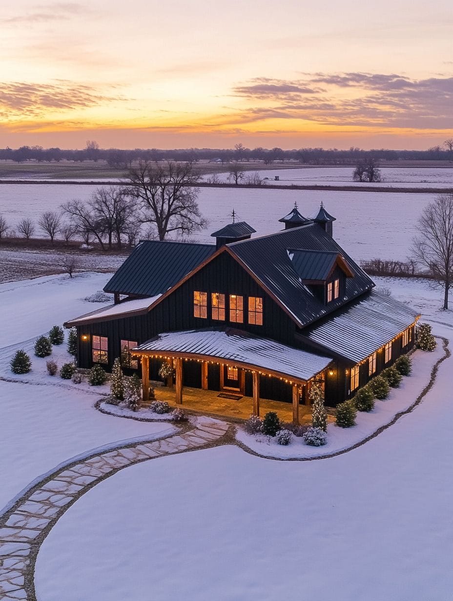 A black farmhouse, reminiscent of cozy dream homes, glows with warm lights amid snow-covered trees at sunset, and a curved stone pathway leads to the entrance.