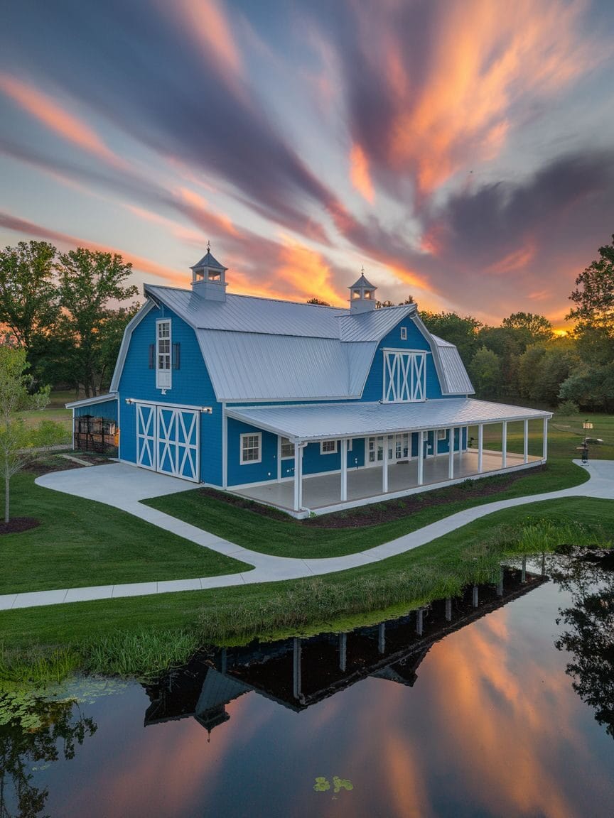 A large blue barn with white trim stands beside a pond, reflecting the building and dramatic sunset clouds in the water—a perfect example of stylish living inspired by luxury barndominiums. Trees and grass surround the peaceful scene.