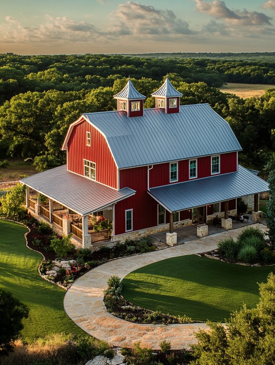 A red barn-style house with a metal roof and cupolas sits amid landscaped greenery, showcasing stylish barndominium designs along a curved stone driveway with trees in the background.