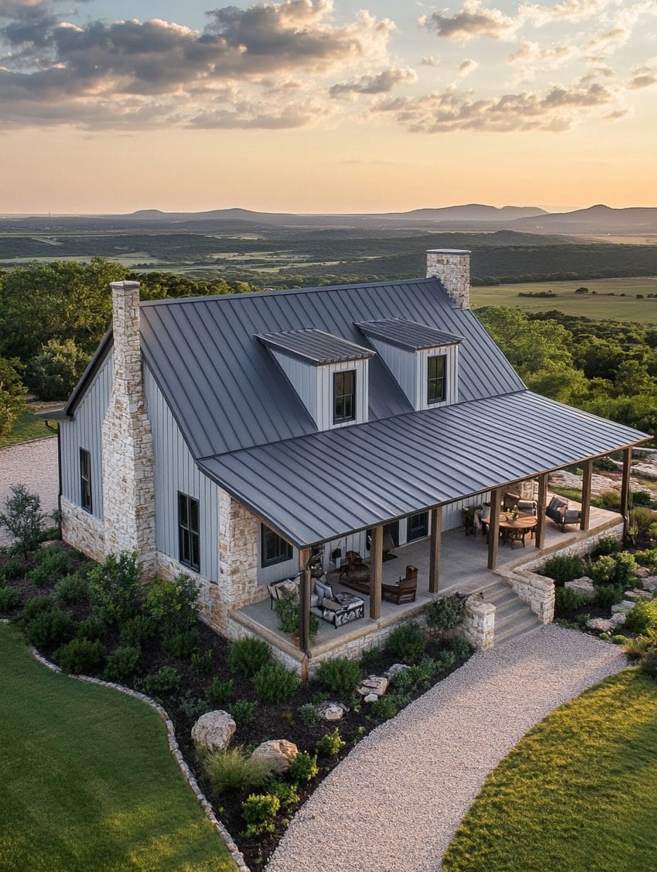 A modern farmhouse with a metal roof, stone exterior, and large covered porch, set in a rural landscape with hills and greenery at sunset—perfect for those seeking cozy homes amid nature.