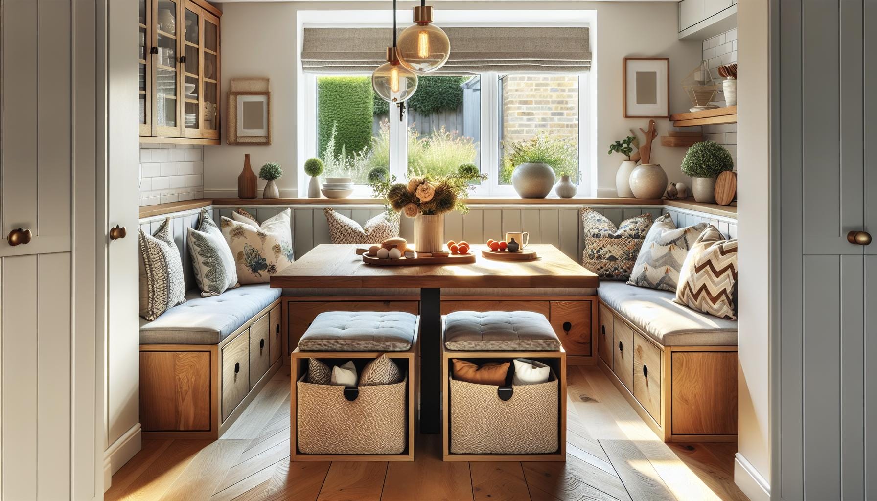 A cozy breakfast nook with a wooden table, built-in bench seating, storage baskets, and decorative cushions, lit by natural light from a window and a pendant lamp above.