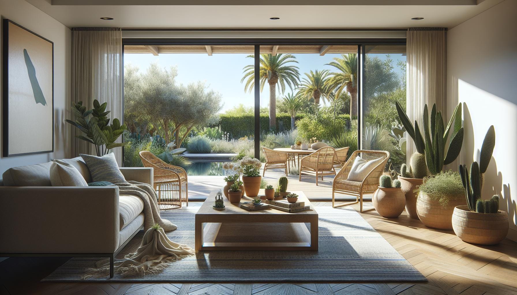 A sunlit living room with modern furniture, potted plants, and large glass doors opening to a patio with palm trees and outdoor seating.