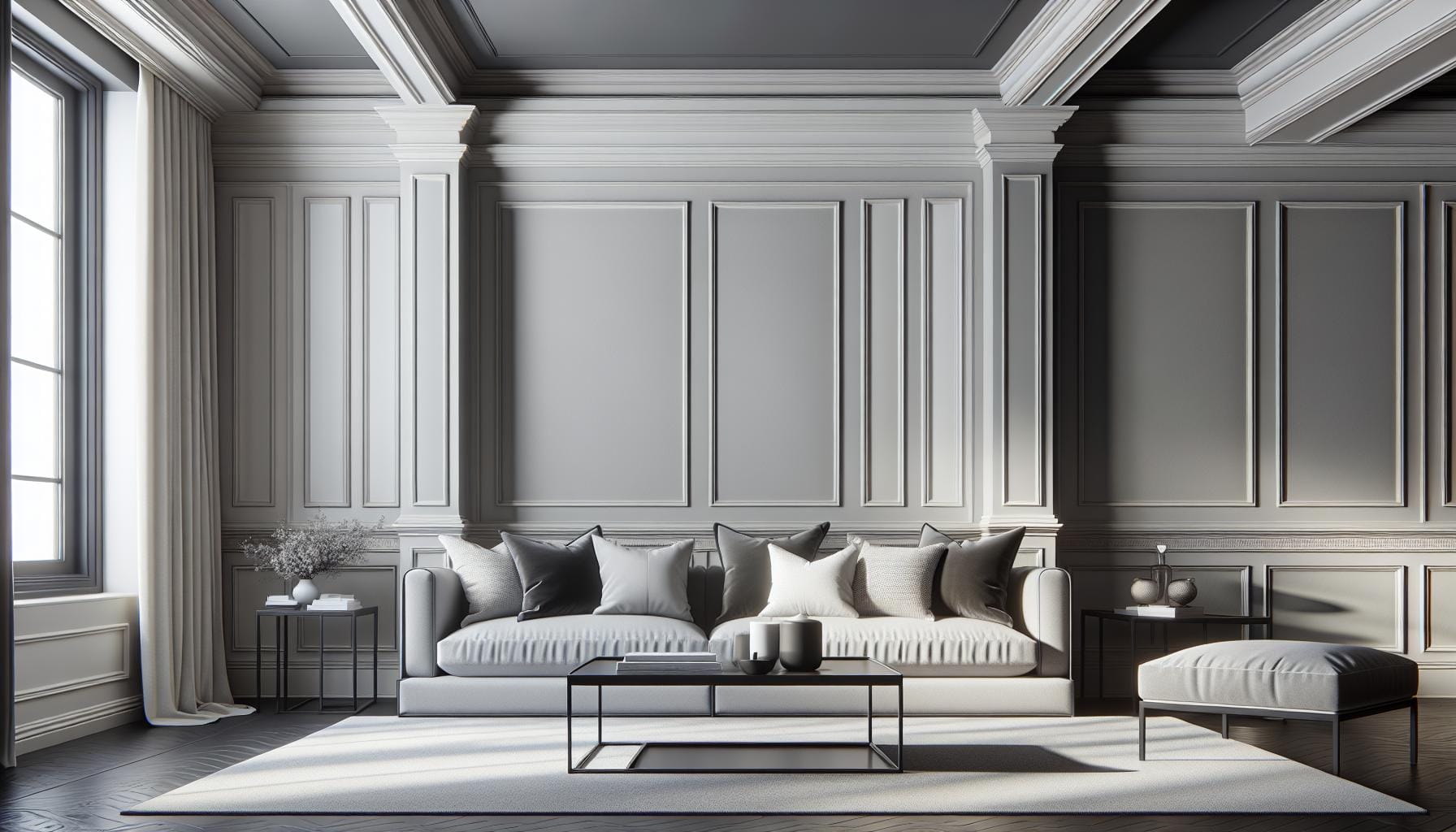 Elegant living room with a light sofa, multiple cushions, coffee table, ottoman, and decorative vases, featuring tall windows and classic gray panel walls.