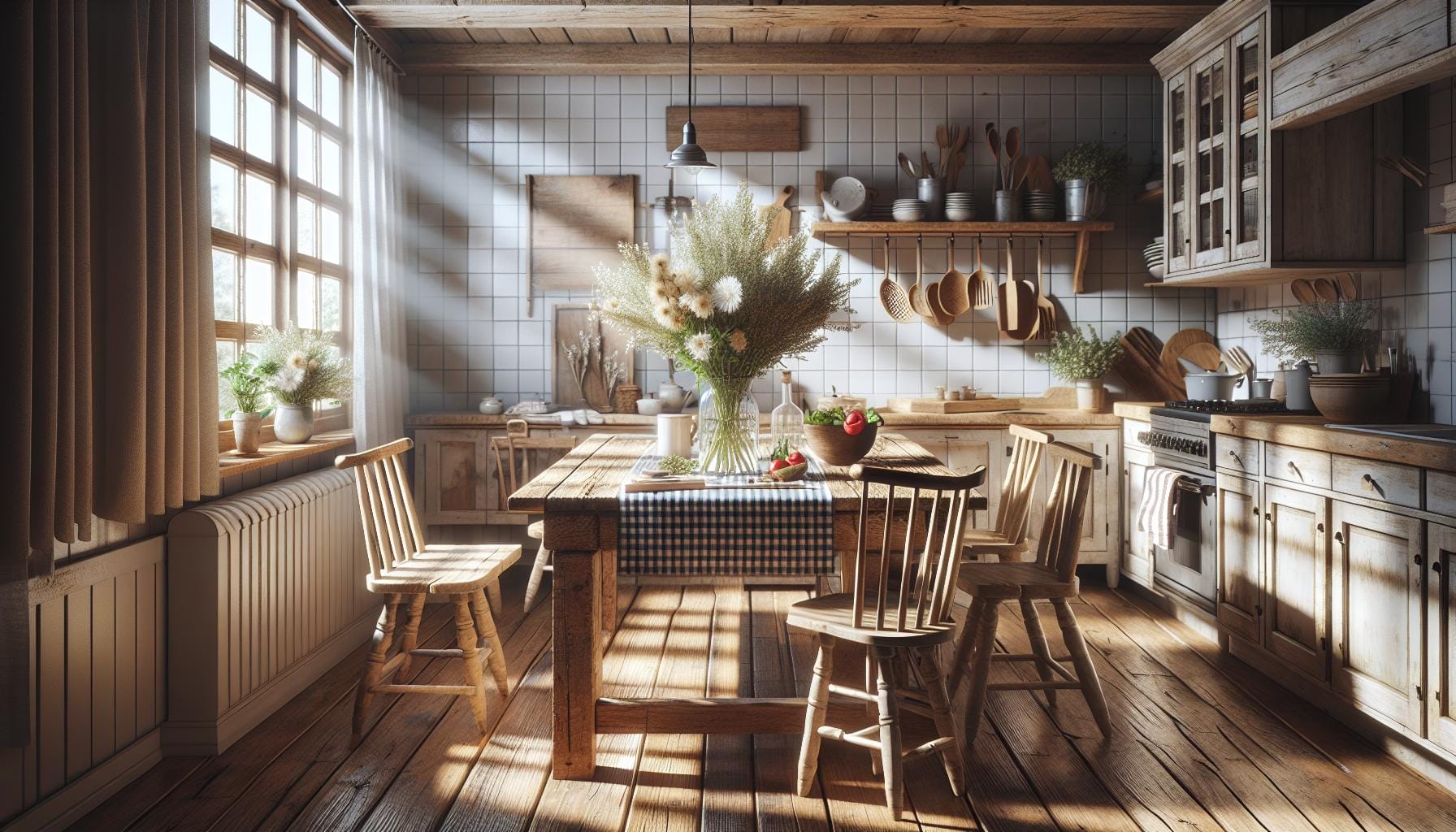 Sunlight streams into a rustic kitchen with wooden furniture, a central table set with flowers, and shelves holding dishes and kitchenware.