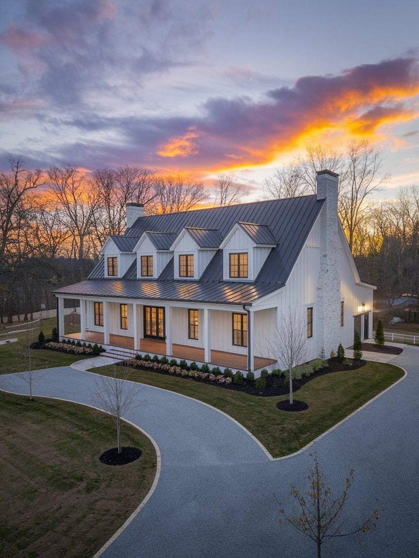 A modern white farmhouse with a metal roof and large front porch sits by a curved driveway at sunset, surrounded by bare trees and landscaped grounds.
