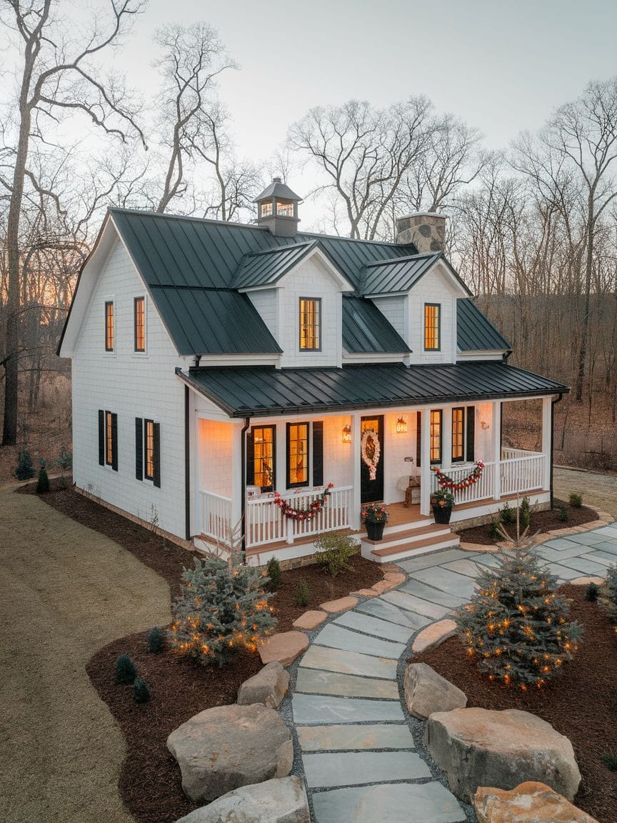 A two-story white house with a black metal roof, front porch, and warm lights set in a wooded area with a stone path and small pine trees—perfect inspiration for budget-friendly barndominium designs.