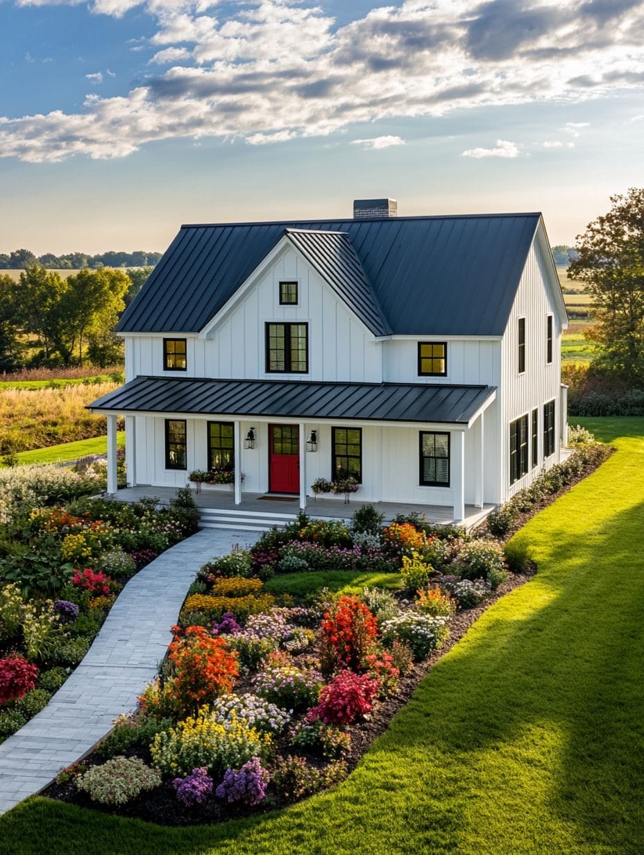 An affordable farmhouse, this white two-story home features a black metal roof, red front door, and wraparound porch, nestled among vibrant gardens and green lawns under a partly cloudy sky—a true rural gem.