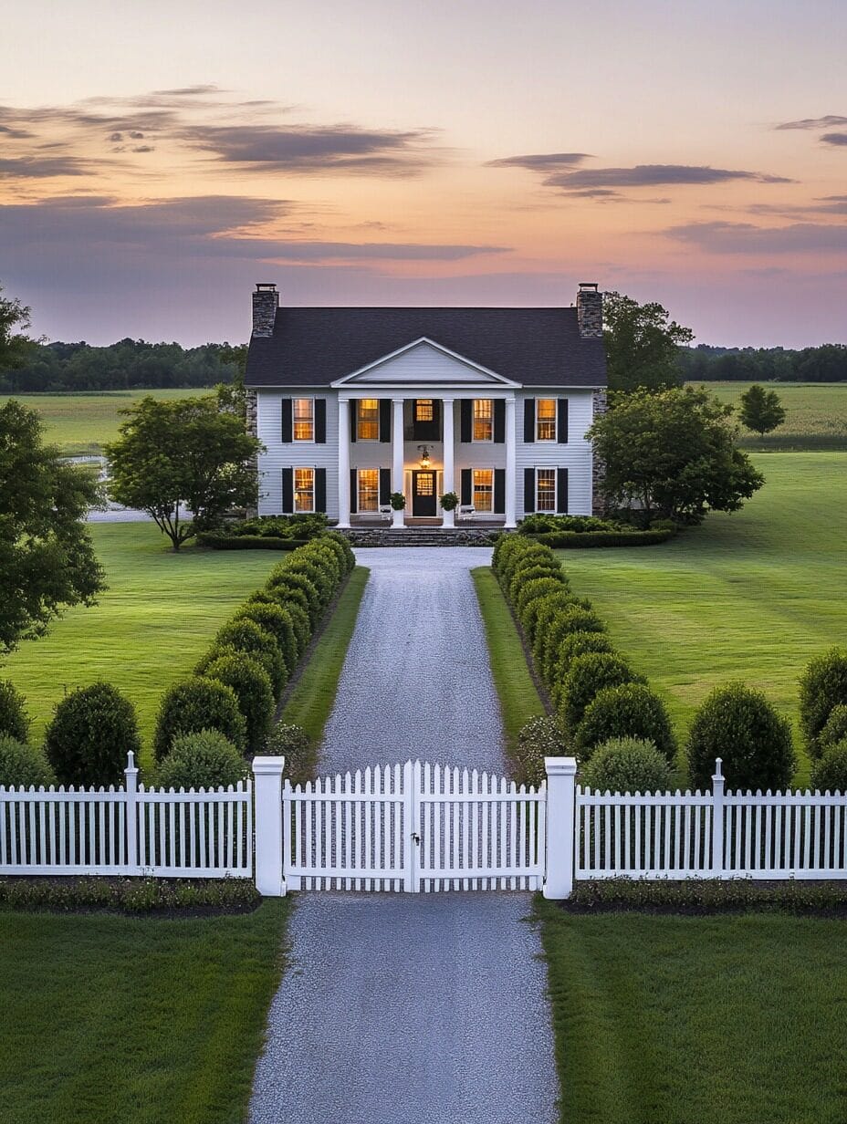 A white two-story house with columns, lit windows, and a central front door sits at the end of a gravel driveway, surrounded by manicured lawns, hedges, and a white picket fence at sunset.