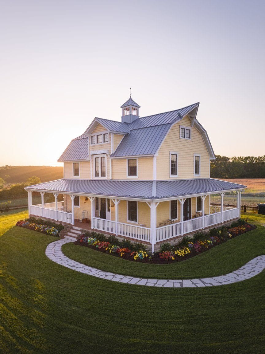 A large yellow farmhouse with a metal roof and wraparound porch, surrounded by a curved sidewalk, gardens, and a neatly mowed lawn at sunset.