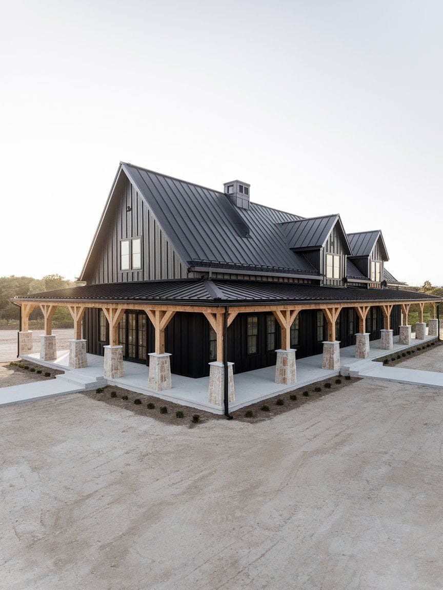 A modern farmhouse with black metal siding, a steep metal roof, dormer windows, and a wraparound porch with wooden beams and stone pillars.