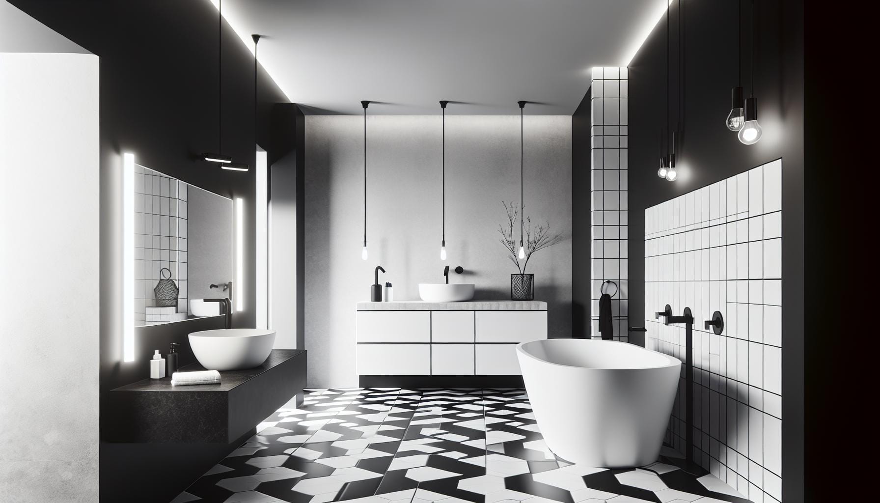 Modern bathroom with black and white geometric floor tiles, freestanding bathtub, double sink vanity, and minimalist lighting fixtures.