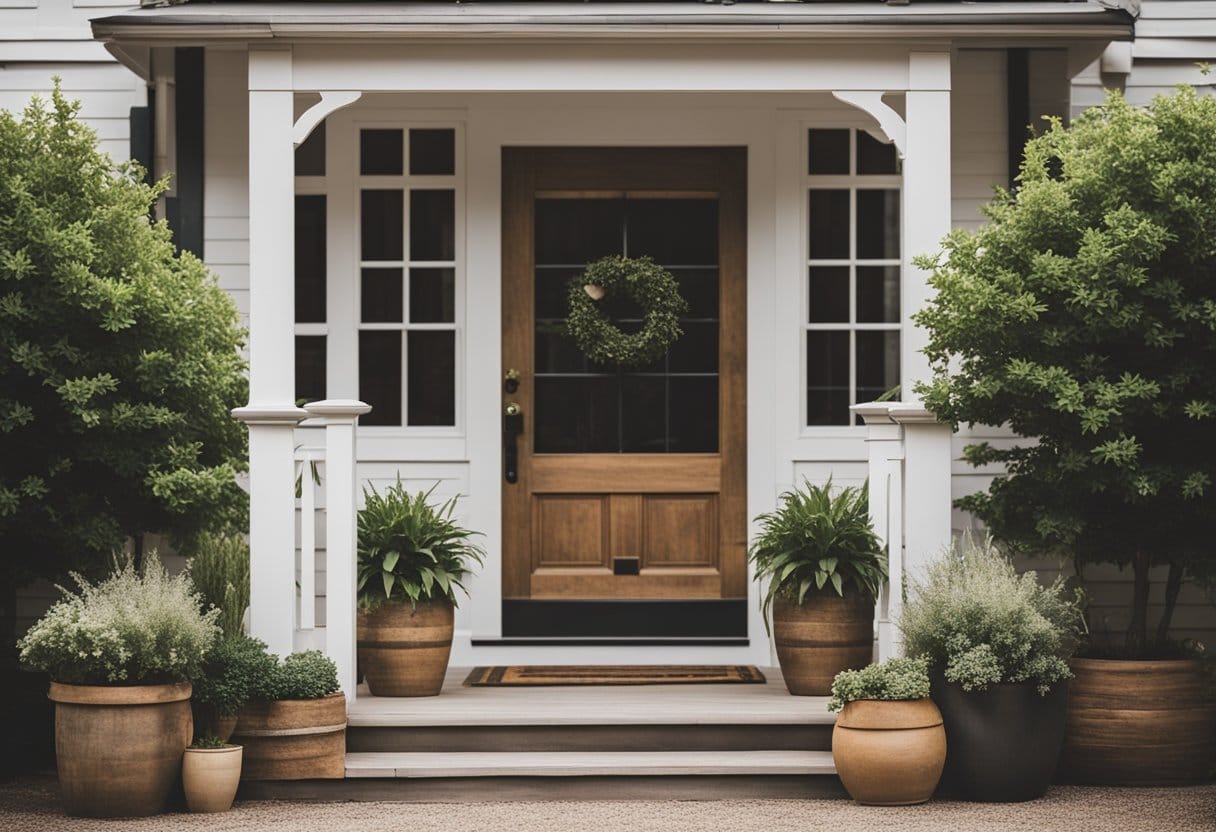 A rustic farmhouse with two wooden front doors flanked by potted plants and a welcoming porch