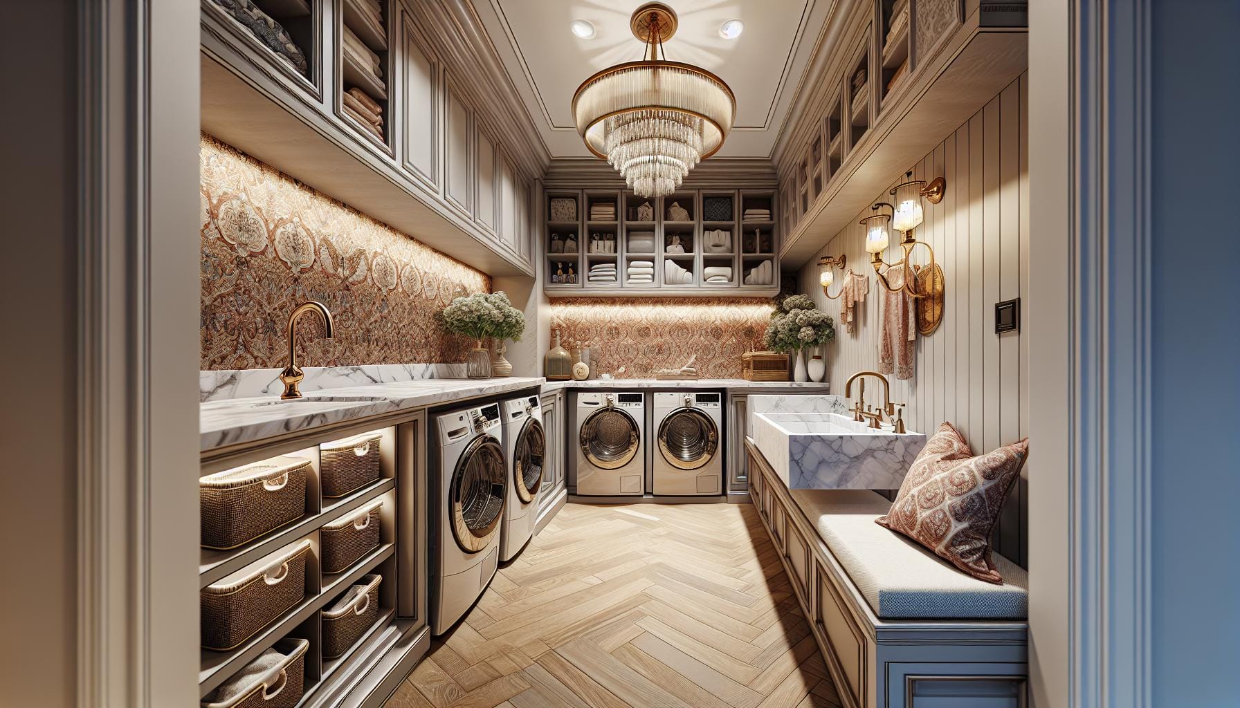 Elegant laundry room with built-in cabinets, four front-loading machines, marble countertops, decorative lighting, and patterned walls, featuring organized baskets and a cushioned bench.