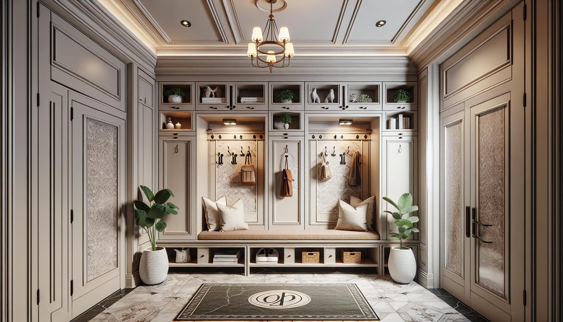 Elegant mudroom with built-in benches, coat hooks, shelves, potted plants, and pillows, featuring marble flooring, paneled walls, and a chandelier overhead.