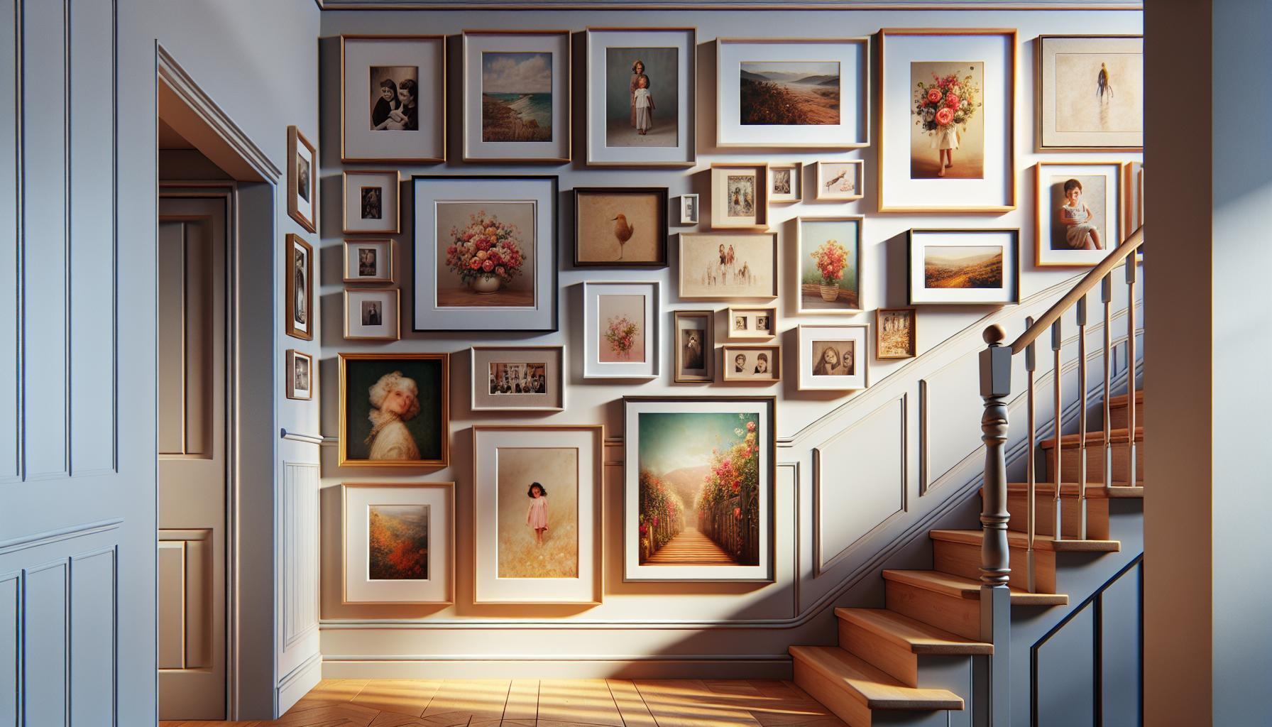 A staircase with wooden steps beside a wall filled with various framed photographs and artworks arranged in a gallery style.