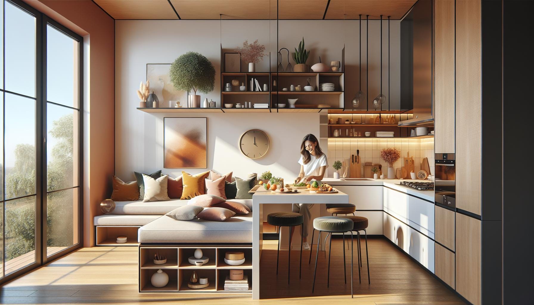 A woman prepares food in a modern, sunlit kitchen with wooden cabinets, open shelves, and a cozy bench seating area next to large windows.