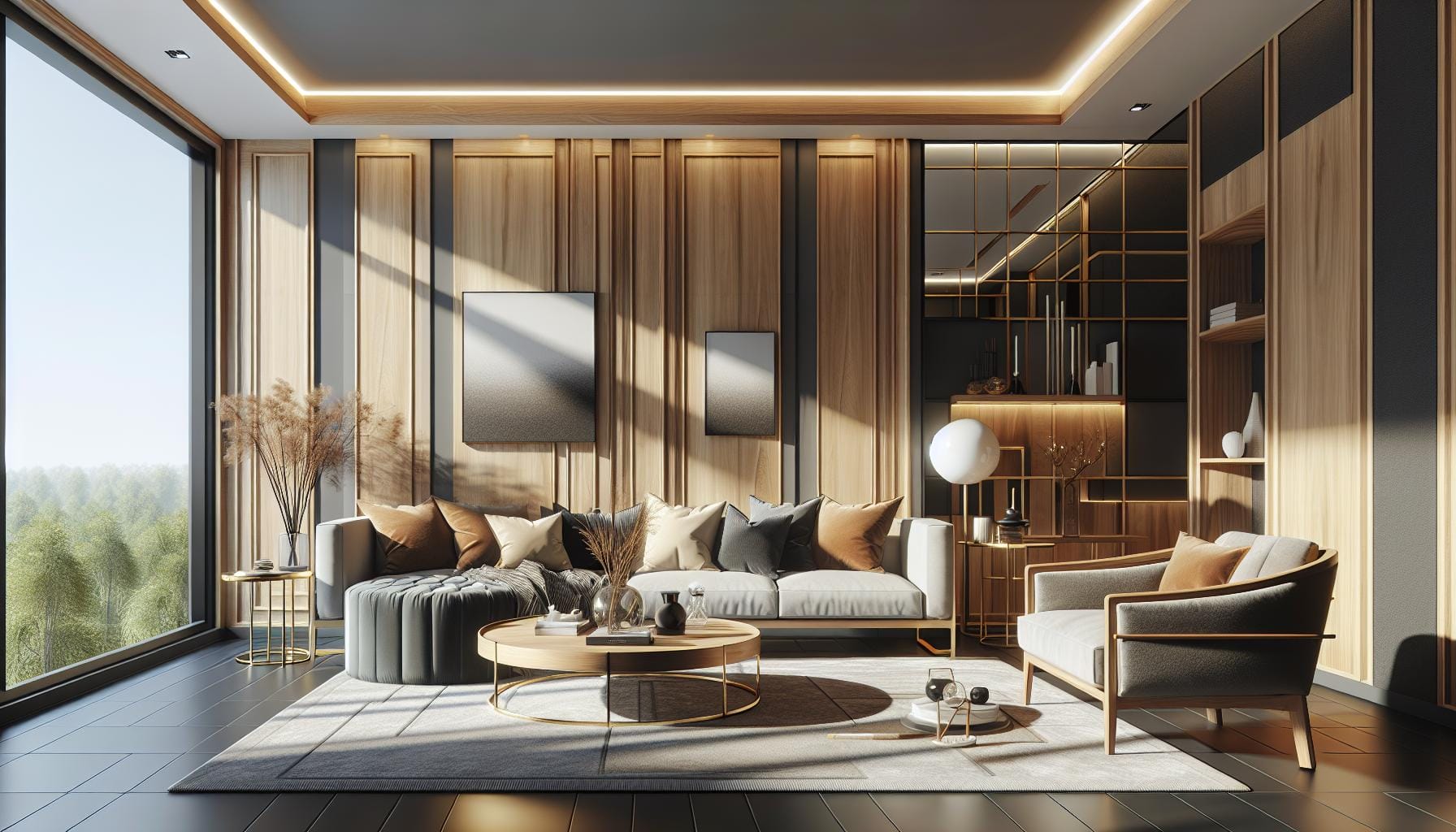 A modern living room with wood-paneled walls, large windows, neutral-toned furniture, decorative pillows, a round coffee table, and minimalist decor.