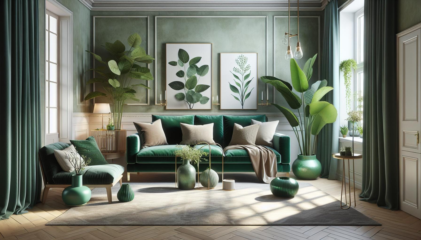 A living room with green walls, a green sofa, cushions, various potted plants, botanical artwork, and sunlight streaming through large windows.
