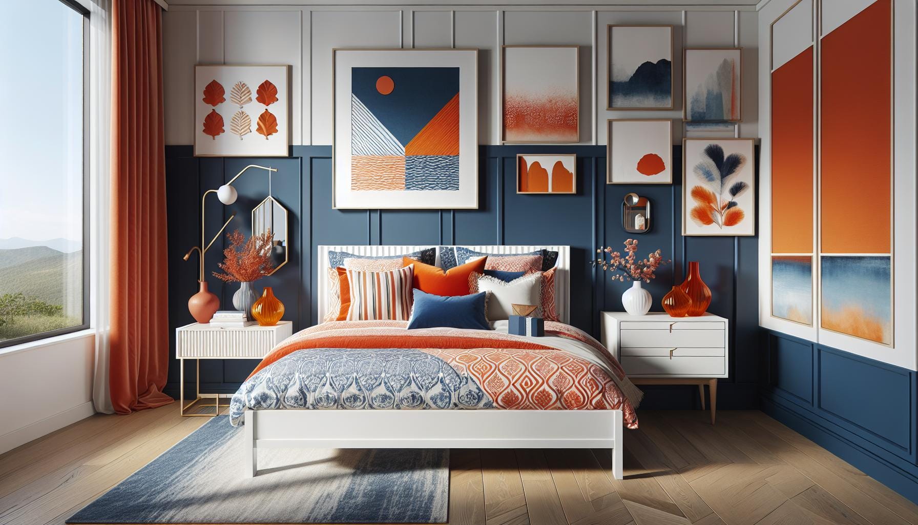A modern bedroom with blue and orange decor, featuring a bed with patterned bedding, matching pillows, wall art, side tables, and large window with a scenic view.