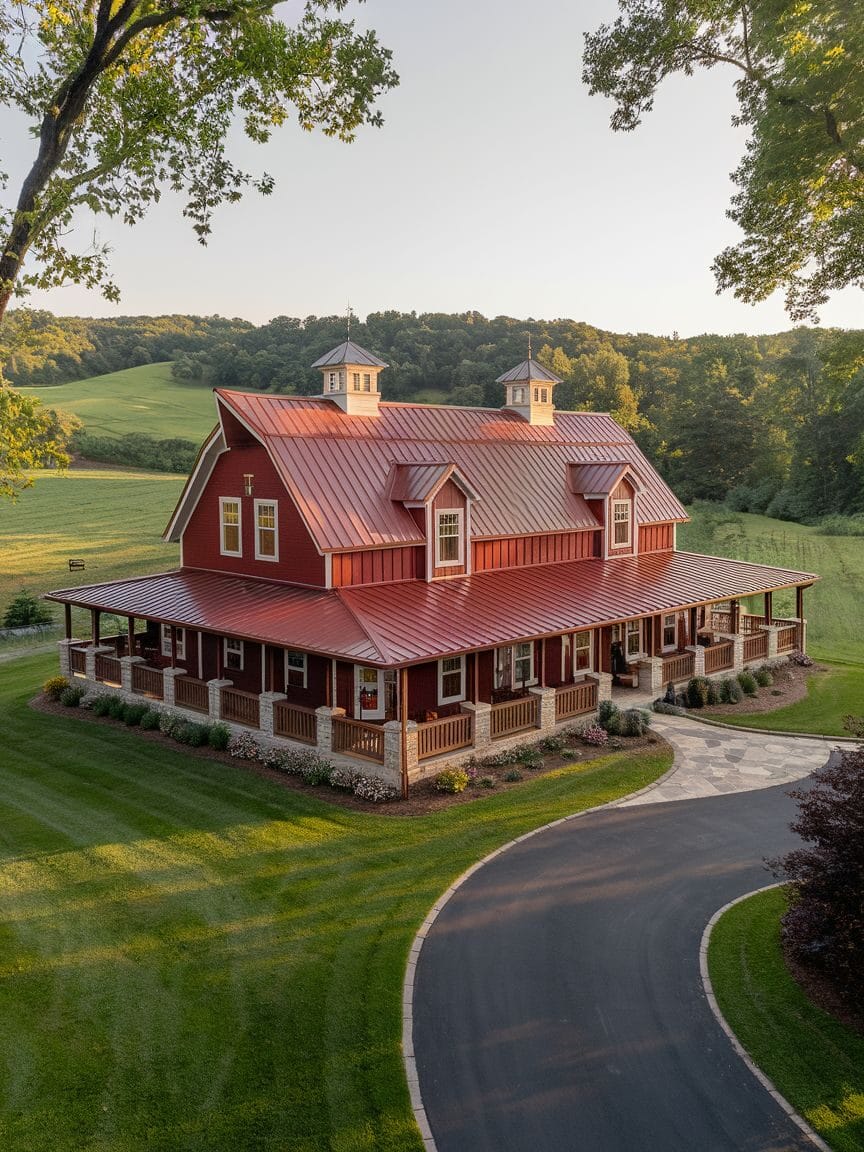 A large red barn-style house with a wraparound porch, metal roof, and cupolas, surrounded by green lawns and trees in a rural landscape.