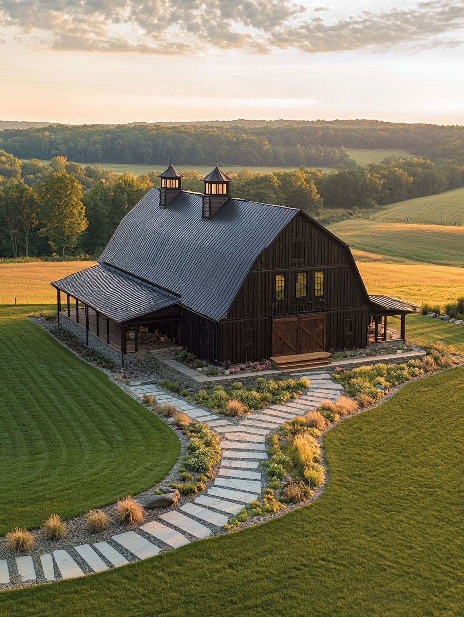 A large, dark wooden barn with two cupolas sits in a manicured landscape with a stone path, surrounded by green fields and trees under a partly cloudy sky.