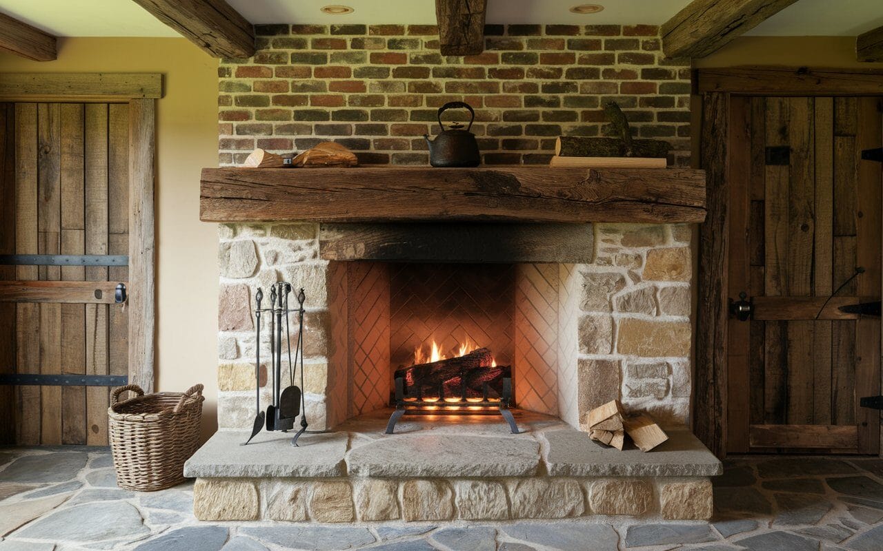 A rustic stone fireplace with a lit fire, wooden mantel, metal kettle, firewood, fireplace tools, and a wicker basket in a room with exposed wood beams and stone floor.