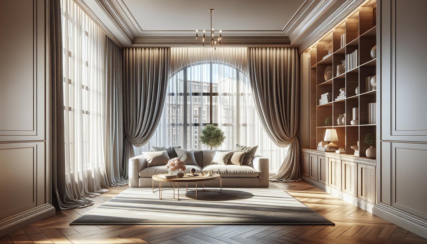 Elegant living room with large arched window, beige sofa, round coffee tables, built-in shelves with decor, and floor-to-ceiling curtains. Sunlight streams through the window.