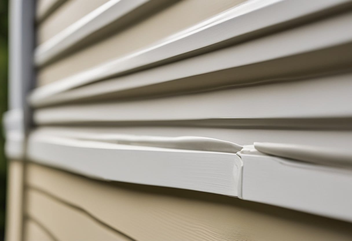A person using a putty knife to fill holes in vinyl siding with putty, then sanding the area smooth before repainting