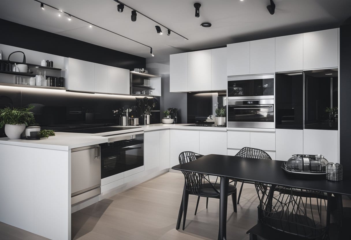 A sleek black and white kitchen with modern appliances and minimalist decor