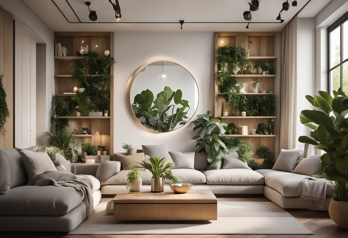 A cozy living room with built-in wall niches adorned with plants, artwork, and stylish decor. Natural light streams in, creating a warm and inviting atmosphere
